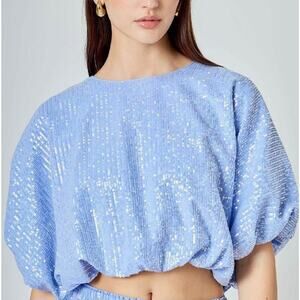 Endless Rose Women’s Small Blue Sequin Cropped Puffed Sleeve Top